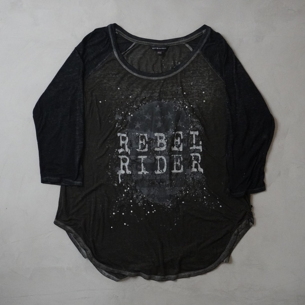 Rock & Republic Rebel Rider Graphic Top 0X Womens Black Burnout Raglan Sleeve